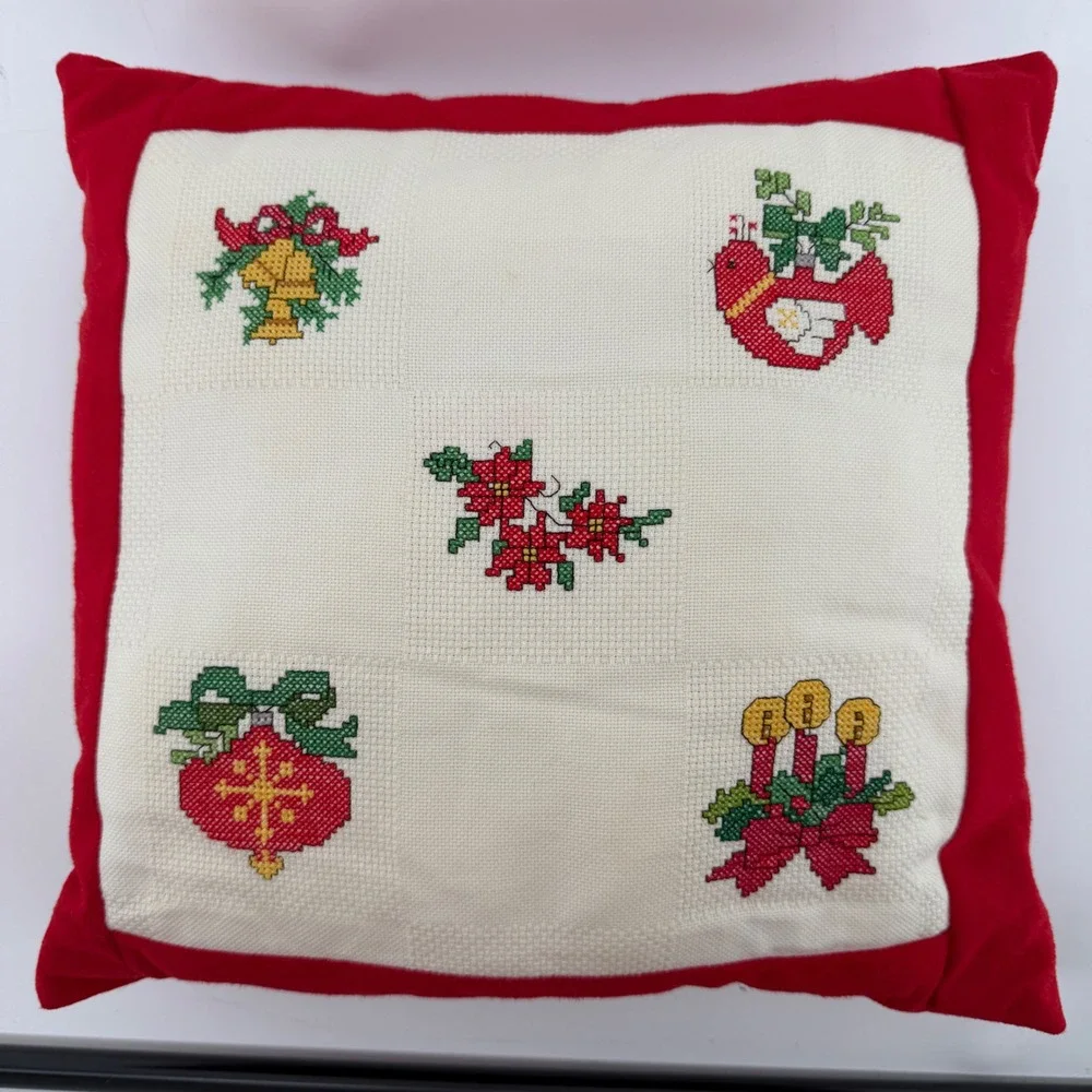 Vintage Christmas Cross Stitch Throw Pillow Red Velvet Holiday Decor 12x12